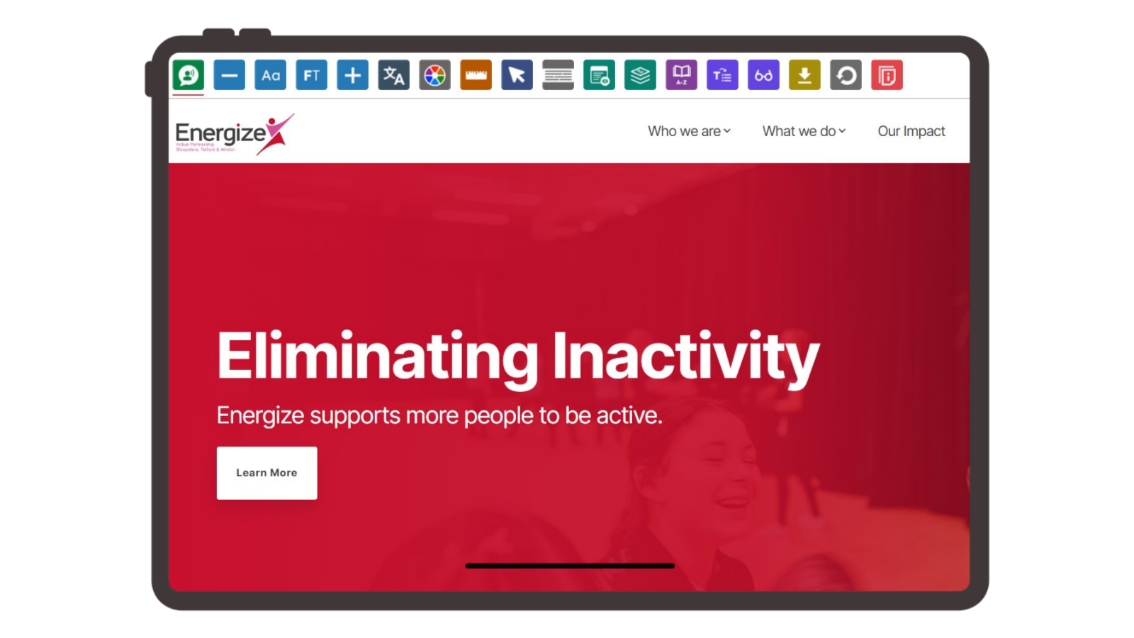 Energize website homepage with the Recite Me assistive toolbar showing on a tablet